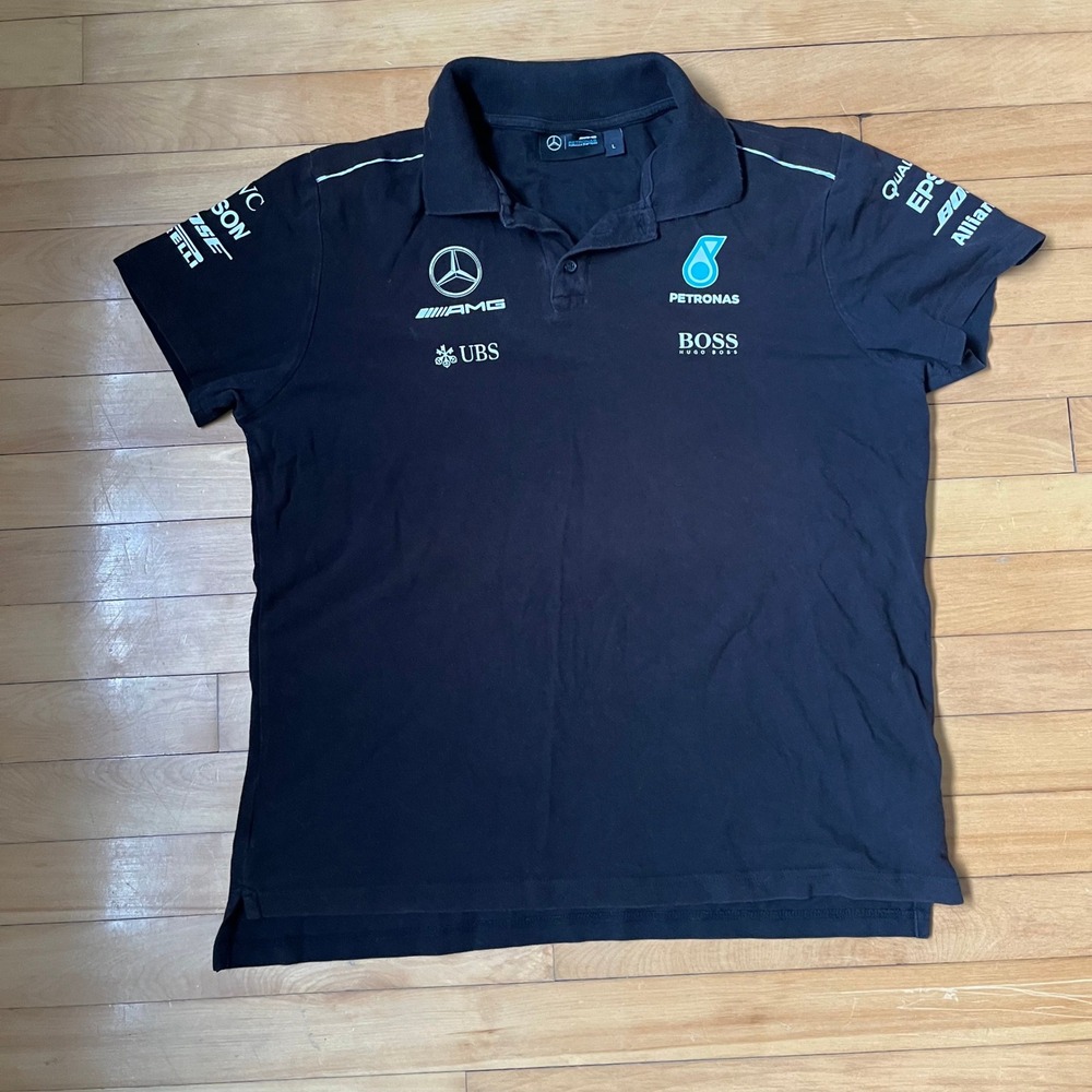 Mercedes AMG Petronas F1 Team Polo Shirt Black Mens Large Hugo Boss Sponsor Logo